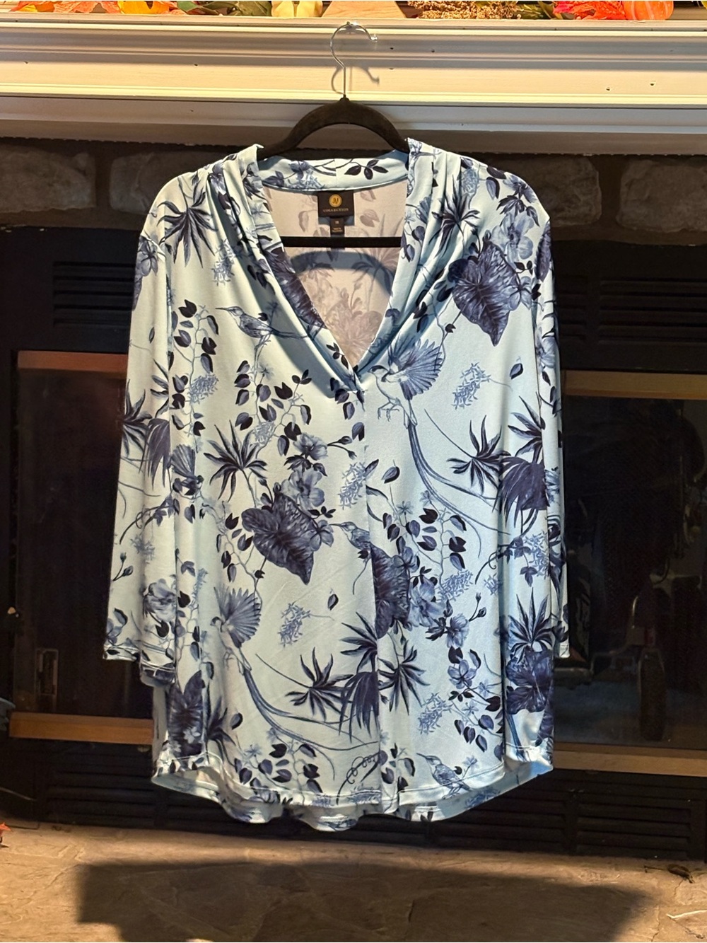 JM Collection Pale Blue Floral & Bird V-Neck Tunic